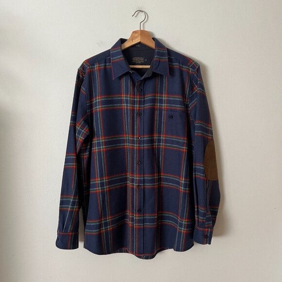 Pendleton Elbow Patch Wool Trail Shirt Button Up Blue Plaid Men's Size Large - Picture 1 of 9